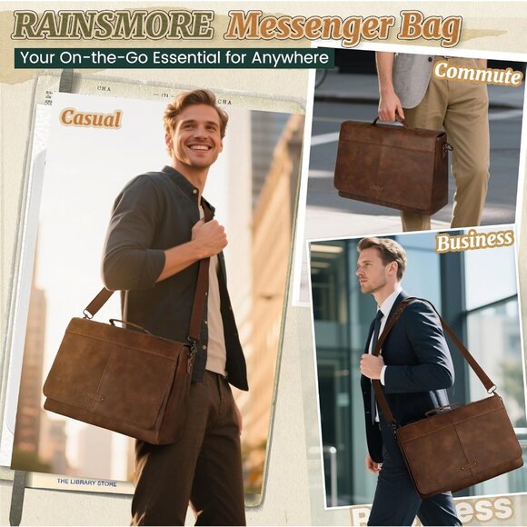 Men's Brown Pu Vintage Laptop Bag 15.6 Inch Waterproof Retro Satchel Briefcase - Picture 5 of 7